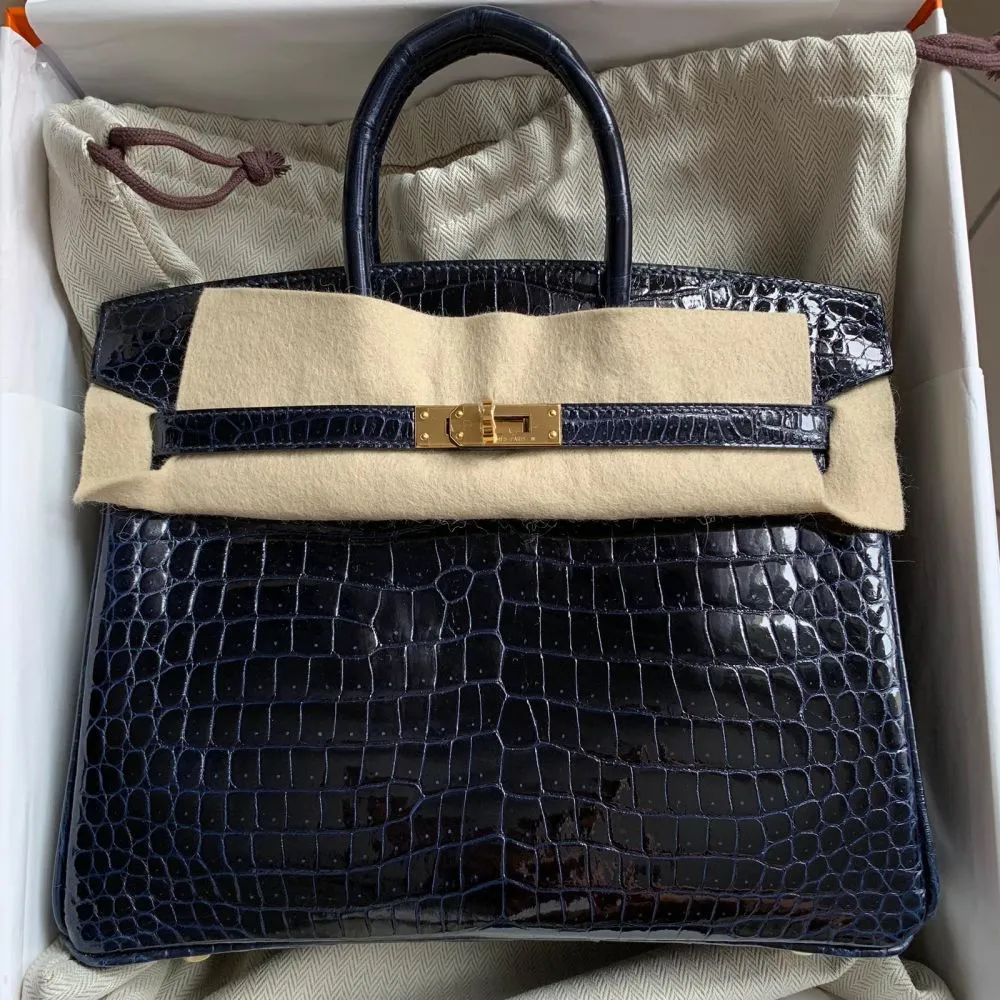 Hermès Birkin 25 Bleu Marine Crocodile Porosus Lisse Gold Hardware GHW