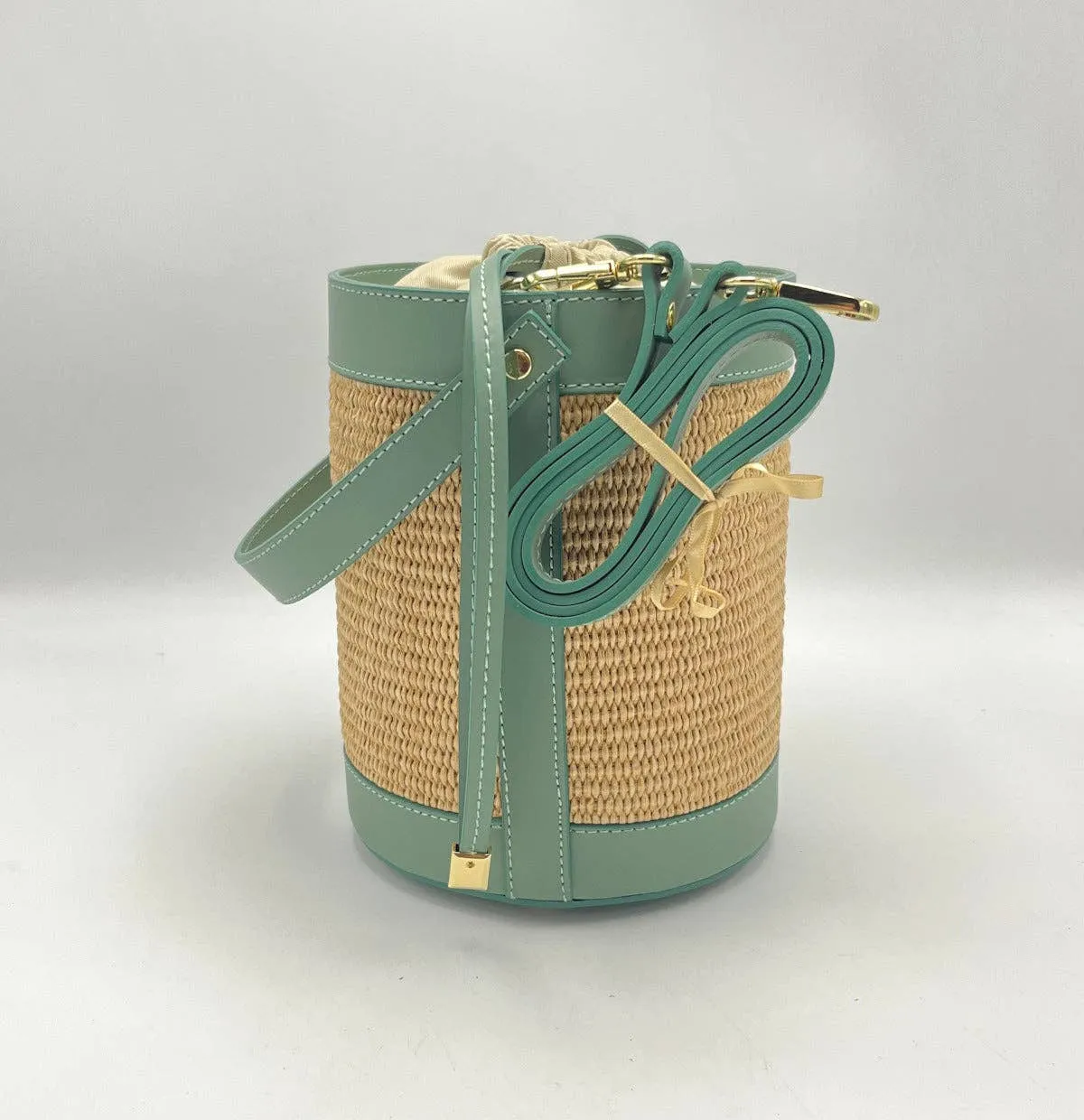 Leather and Straw Bucket Bag - Mint