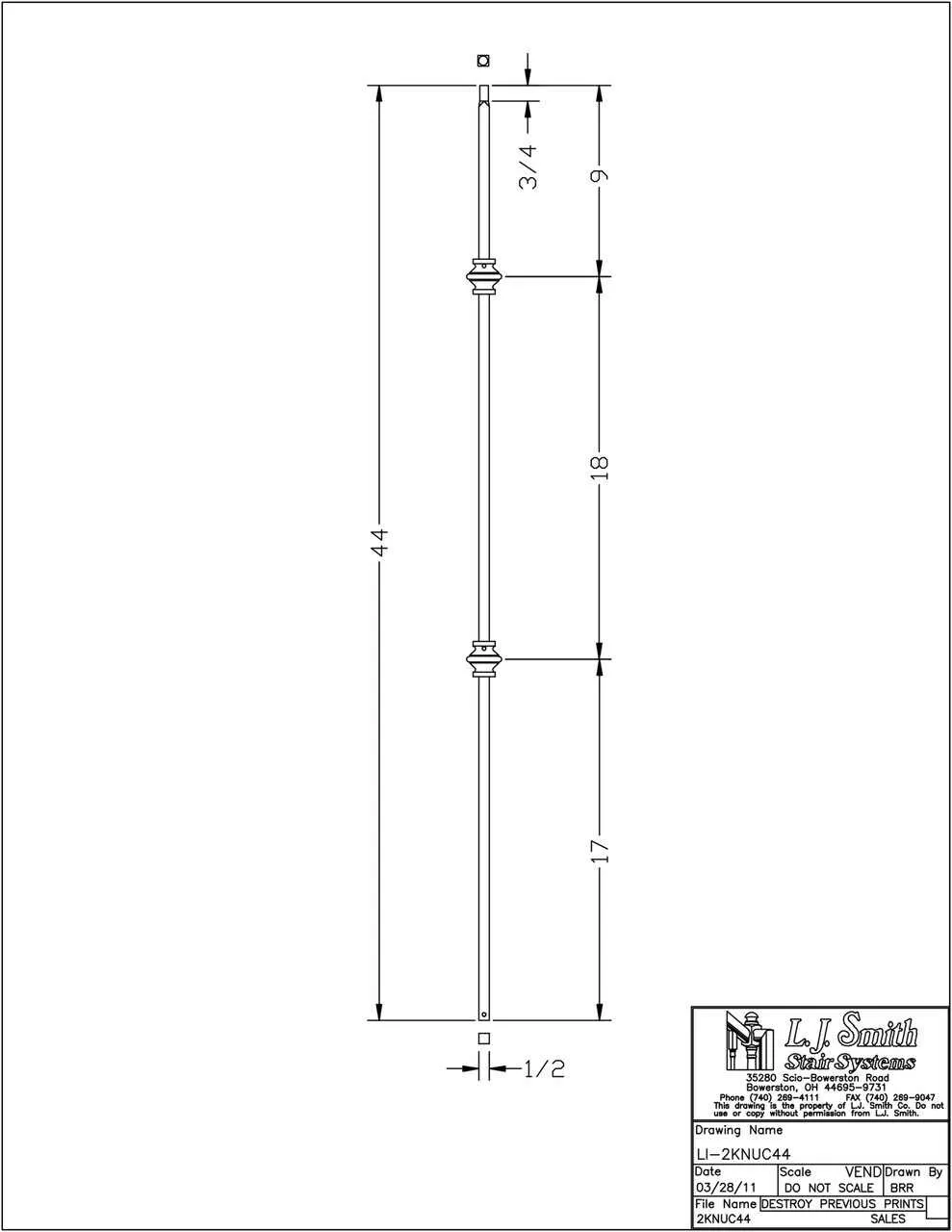 LI-2KNUC44 — Double Knuckle Baluster (1/2" Square Solid)