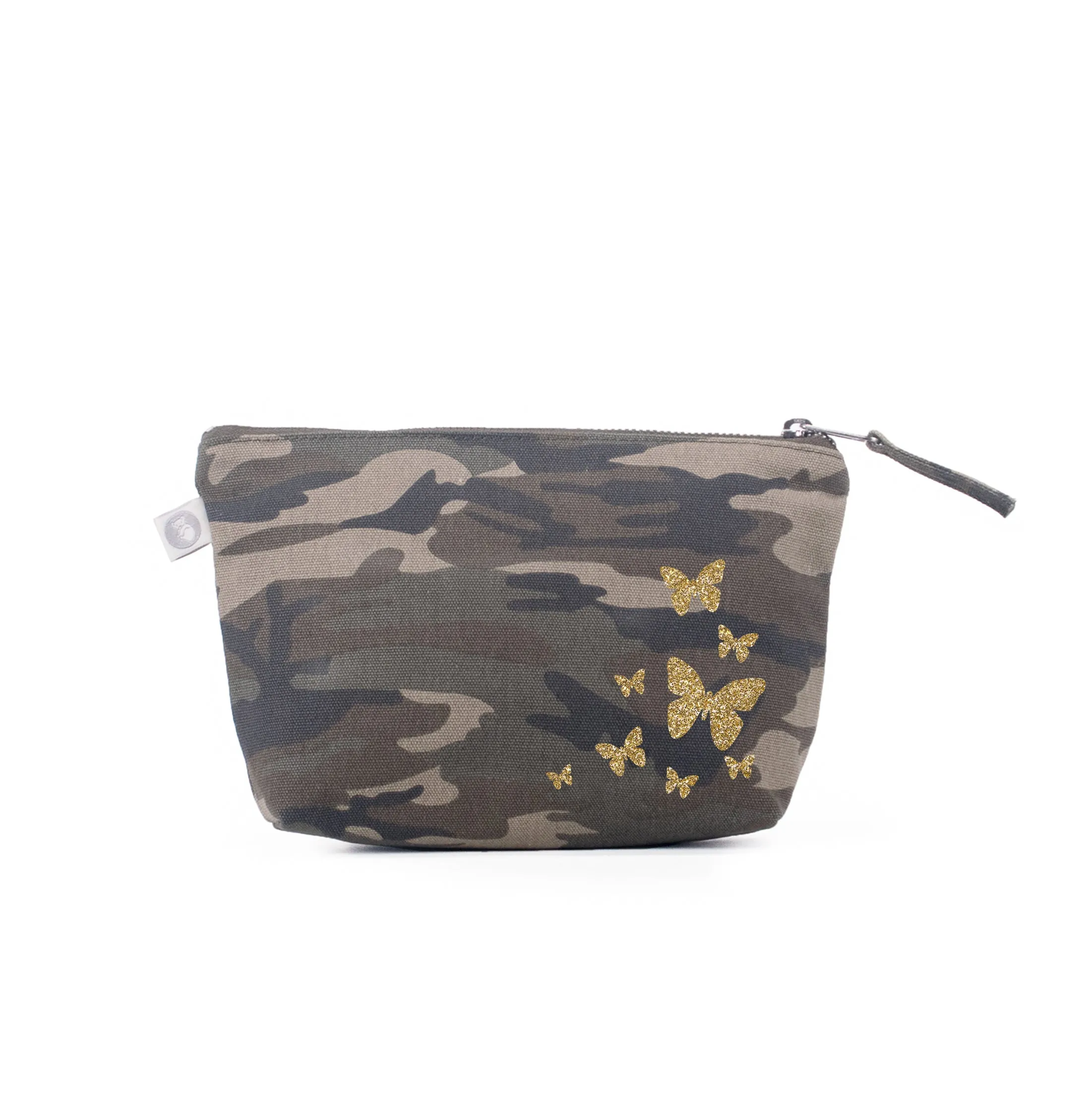 Makeup Bag Green Camo with Gold Glitter Scatter Butterflies