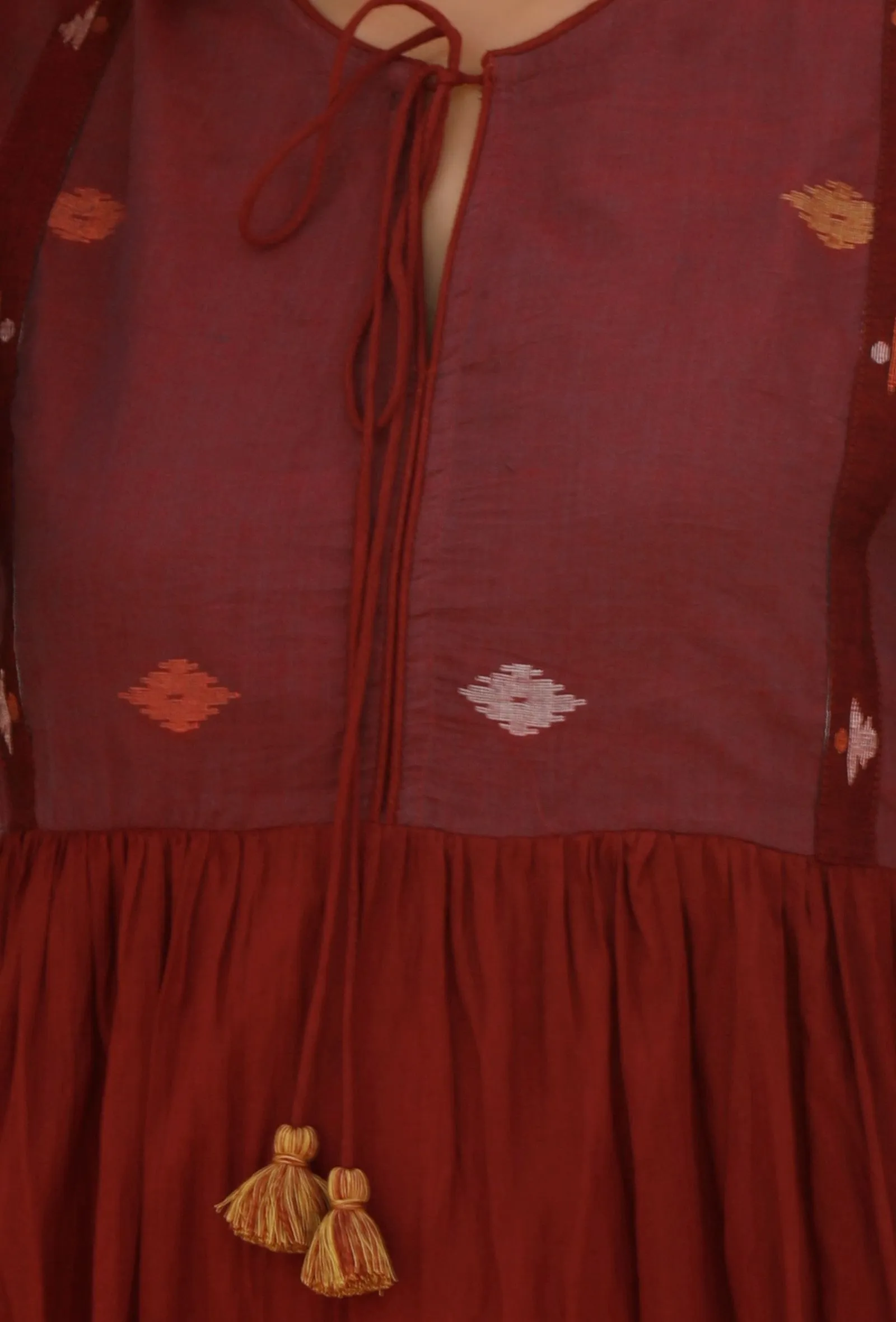 Maroon-Plum Jamdani Mulmul Cotton Tier Long Dress