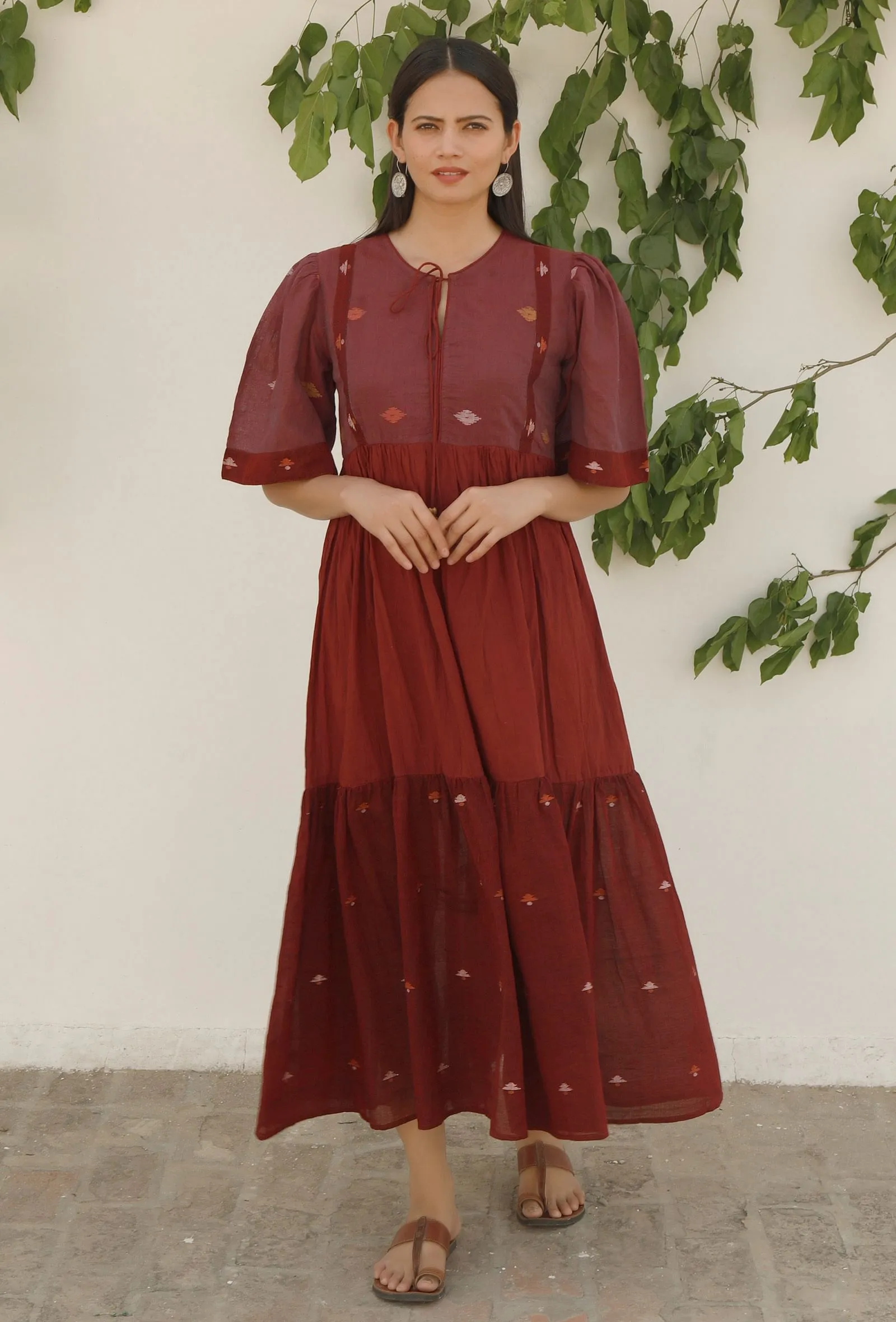 Maroon-Plum Jamdani Mulmul Cotton Tier Long Dress