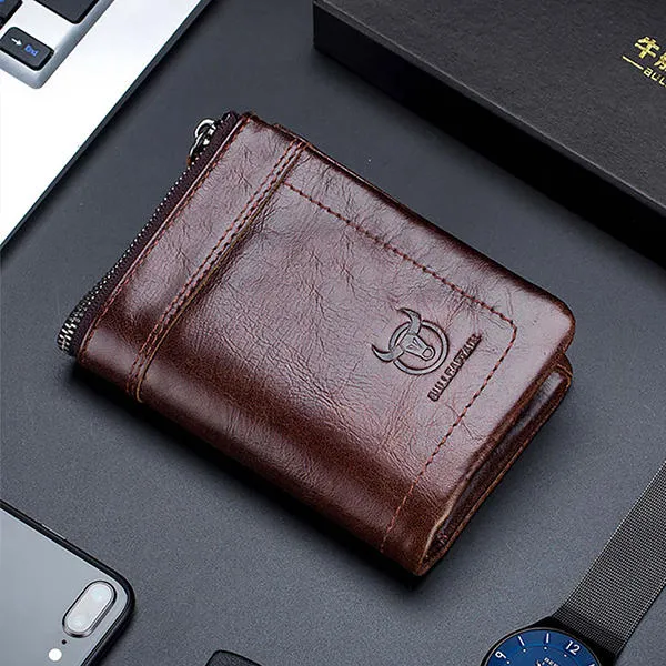 Men Genuine Leather Bullcaptain Casual Functional Wallet