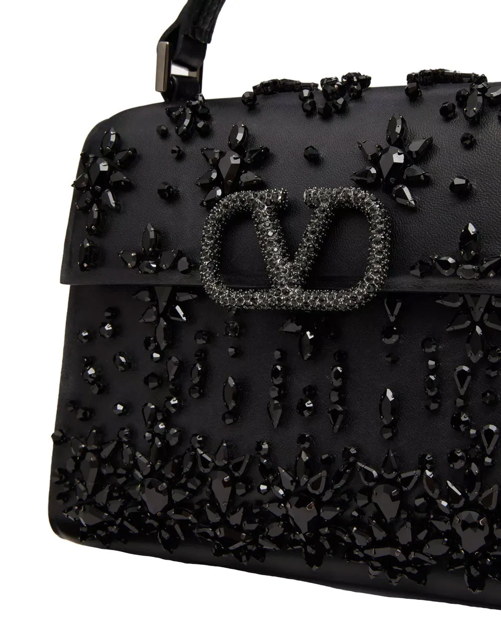 Mini VSling Jewel Embroidered Top Handle Bag in Nero