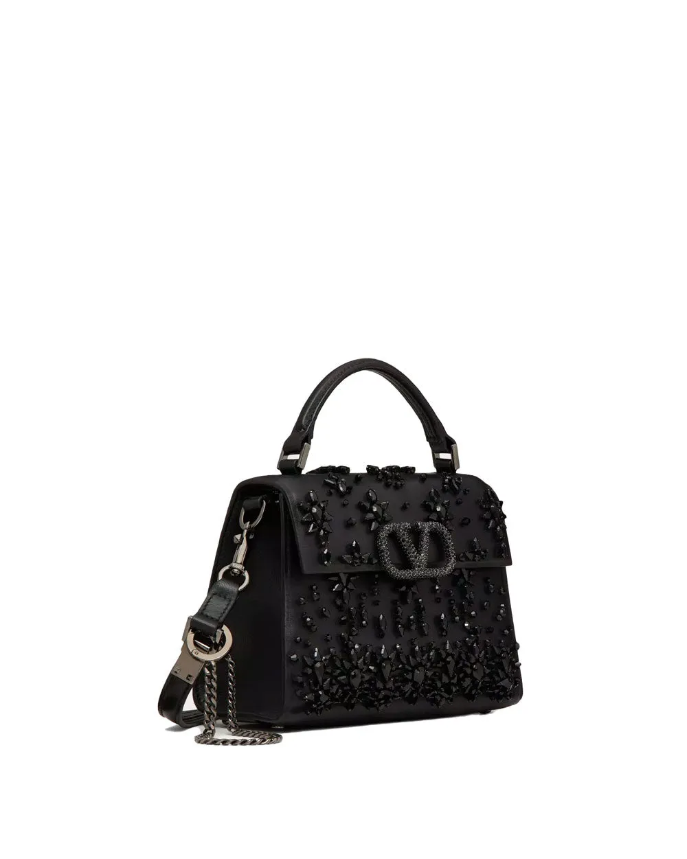 Mini VSling Jewel Embroidered Top Handle Bag in Nero