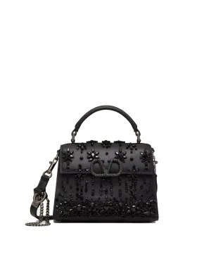 Mini VSling Jewel Embroidered Top Handle Bag in Nero