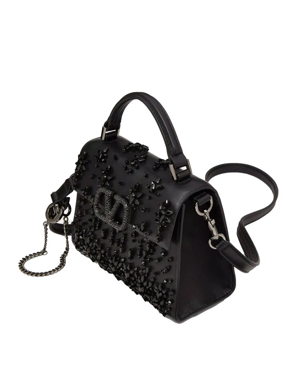 Mini VSling Jewel Embroidered Top Handle Bag in Nero