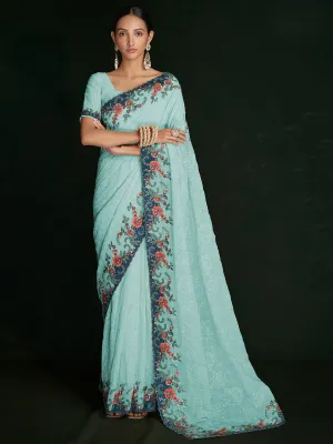 Modren Blue Georgette Embroidered Saree With Unstitched Blouse