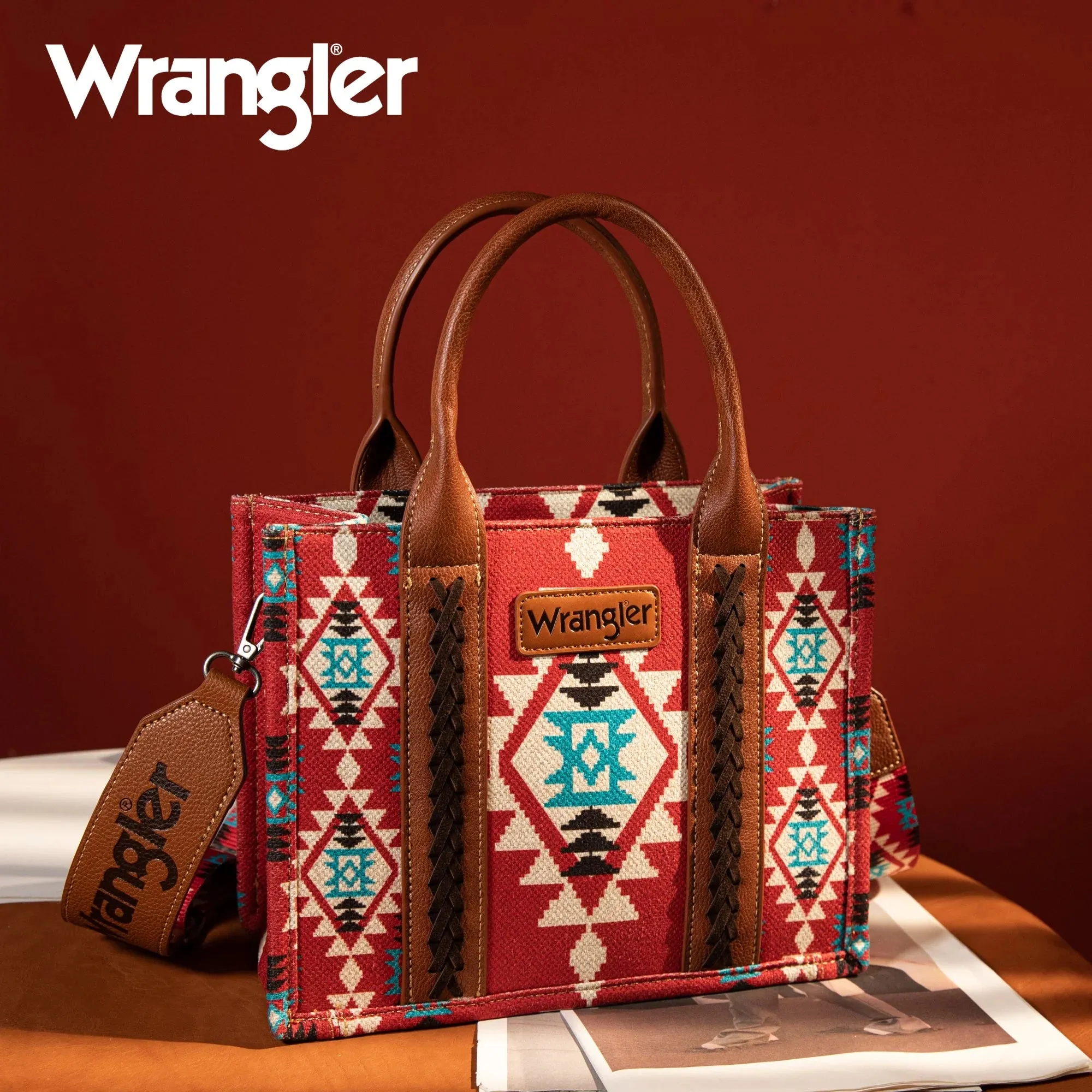 Montana West Wrangler Southwestern Print Small Canvas Tote/Crossbody -Burgundy