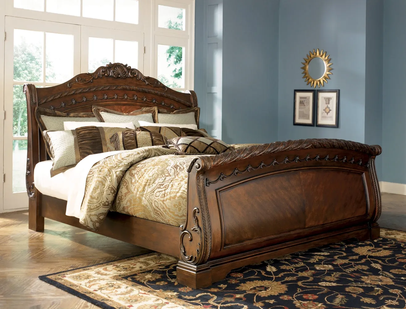 North Shore California King Sleigh Bed with Mirrored Dresser, Chest and 2 Nightstands