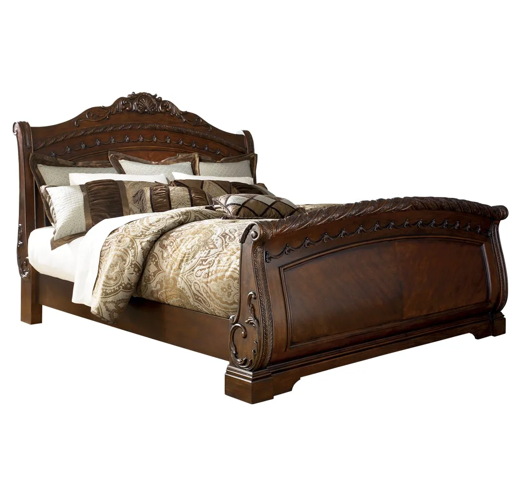 North Shore California King Sleigh Bed with Mirrored Dresser, Chest and 2 Nightstands