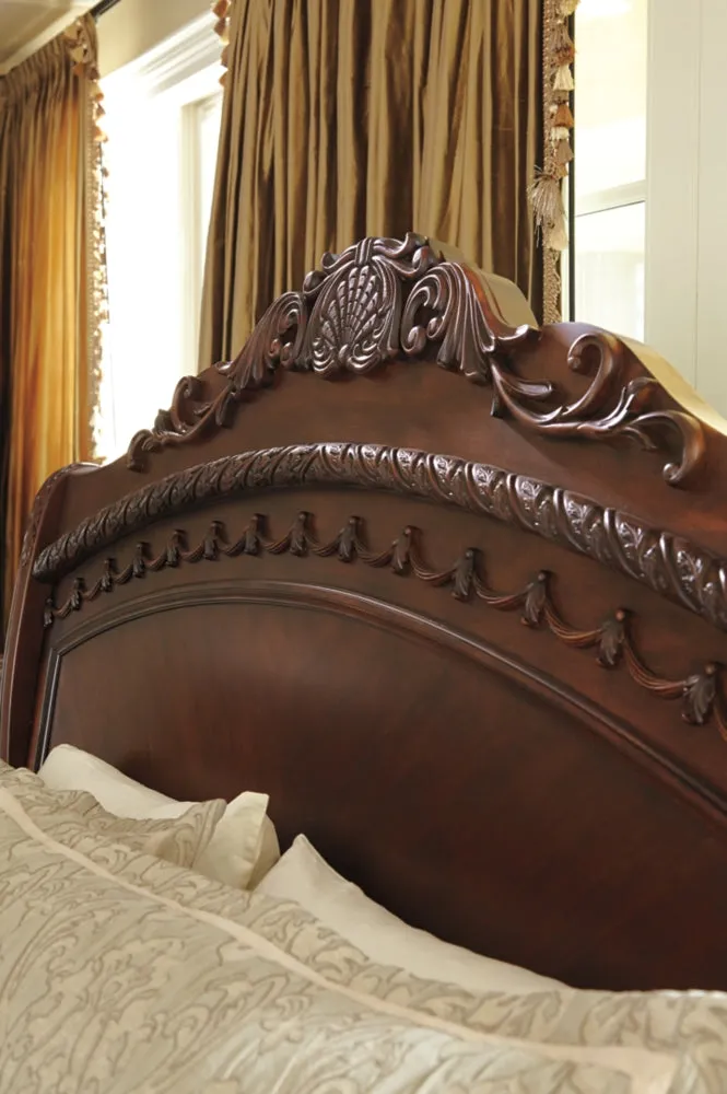 North Shore California King Sleigh Bed with Mirrored Dresser, Chest and 2 Nightstands