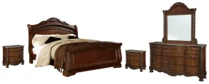 North Shore Queen Sleigh Bed with Mirrored Dresser and 2 Nightstands