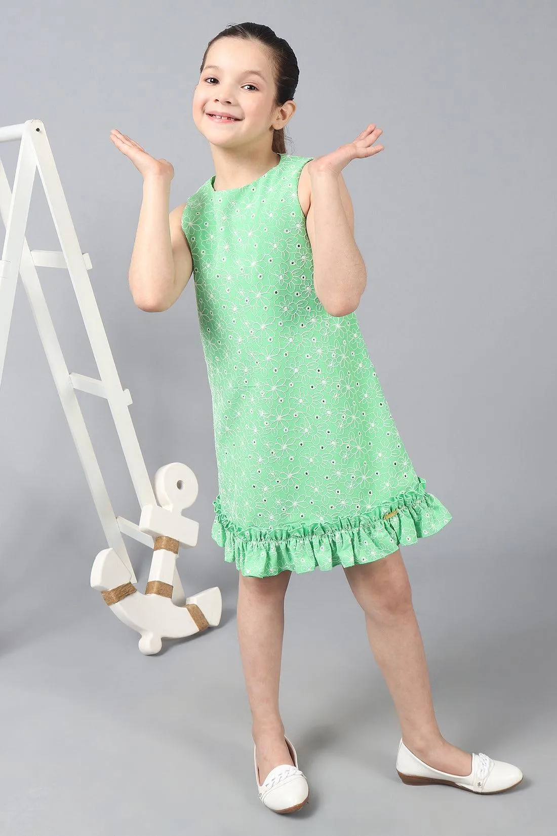 One Friday Kids Green Embroidered Round Neck Sleeveless Dress With Frills