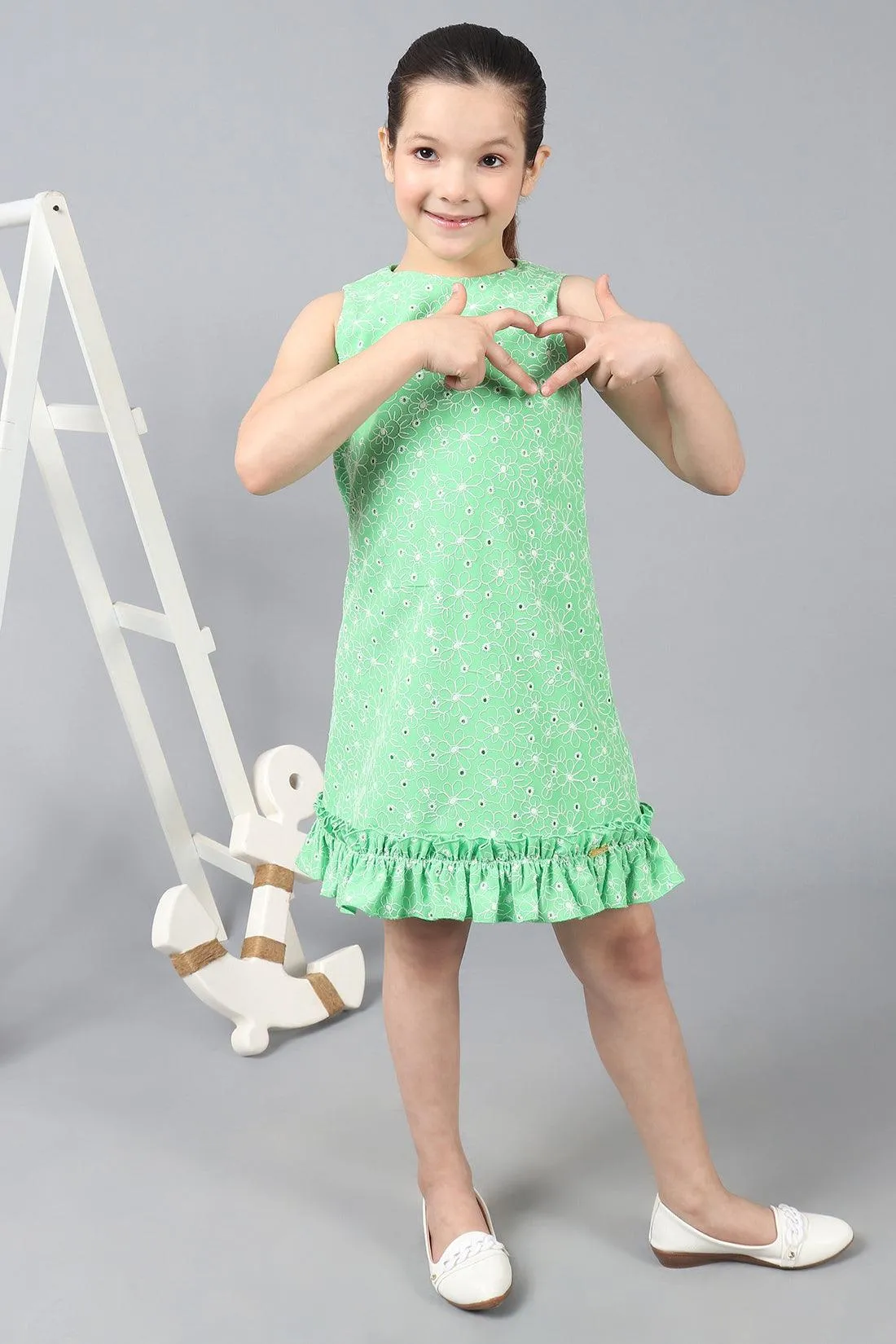 One Friday Kids Green Embroidered Round Neck Sleeveless Dress With Frills