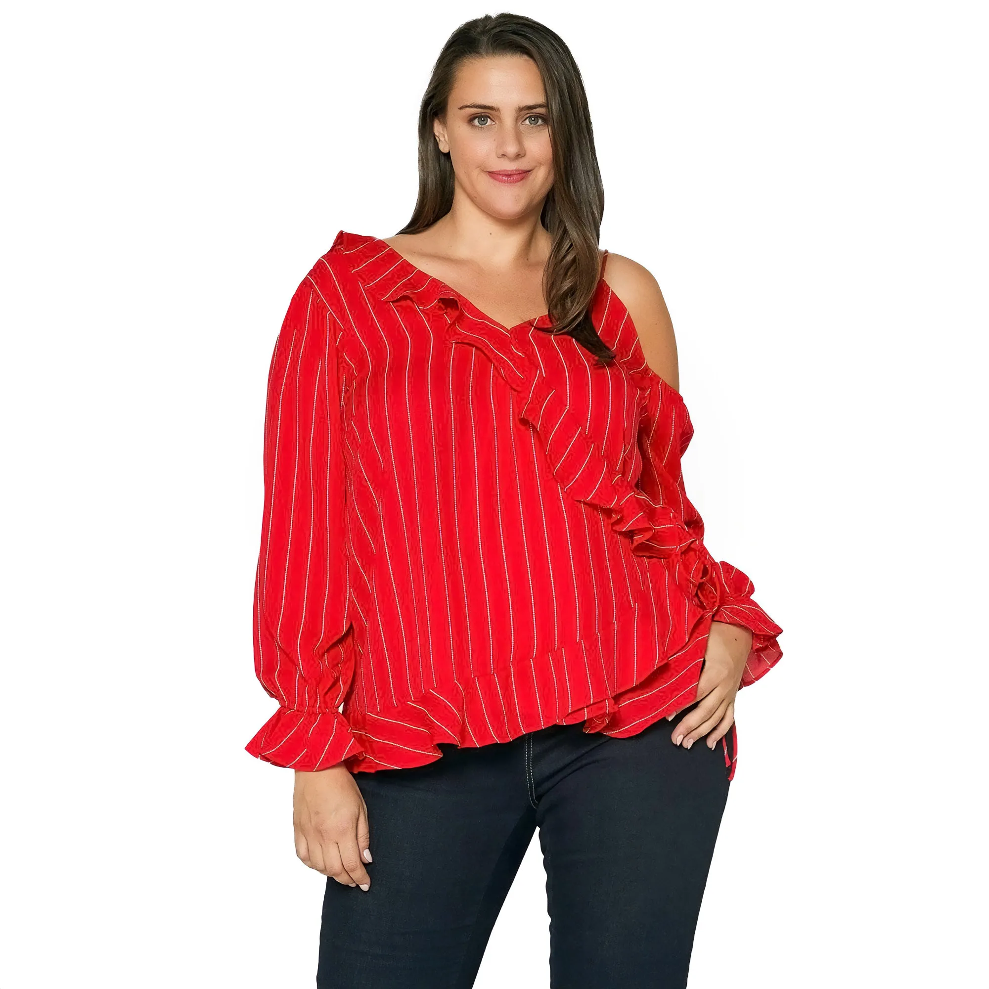 Plus Size Asymmetrical Shoulder Ruffle Blouse