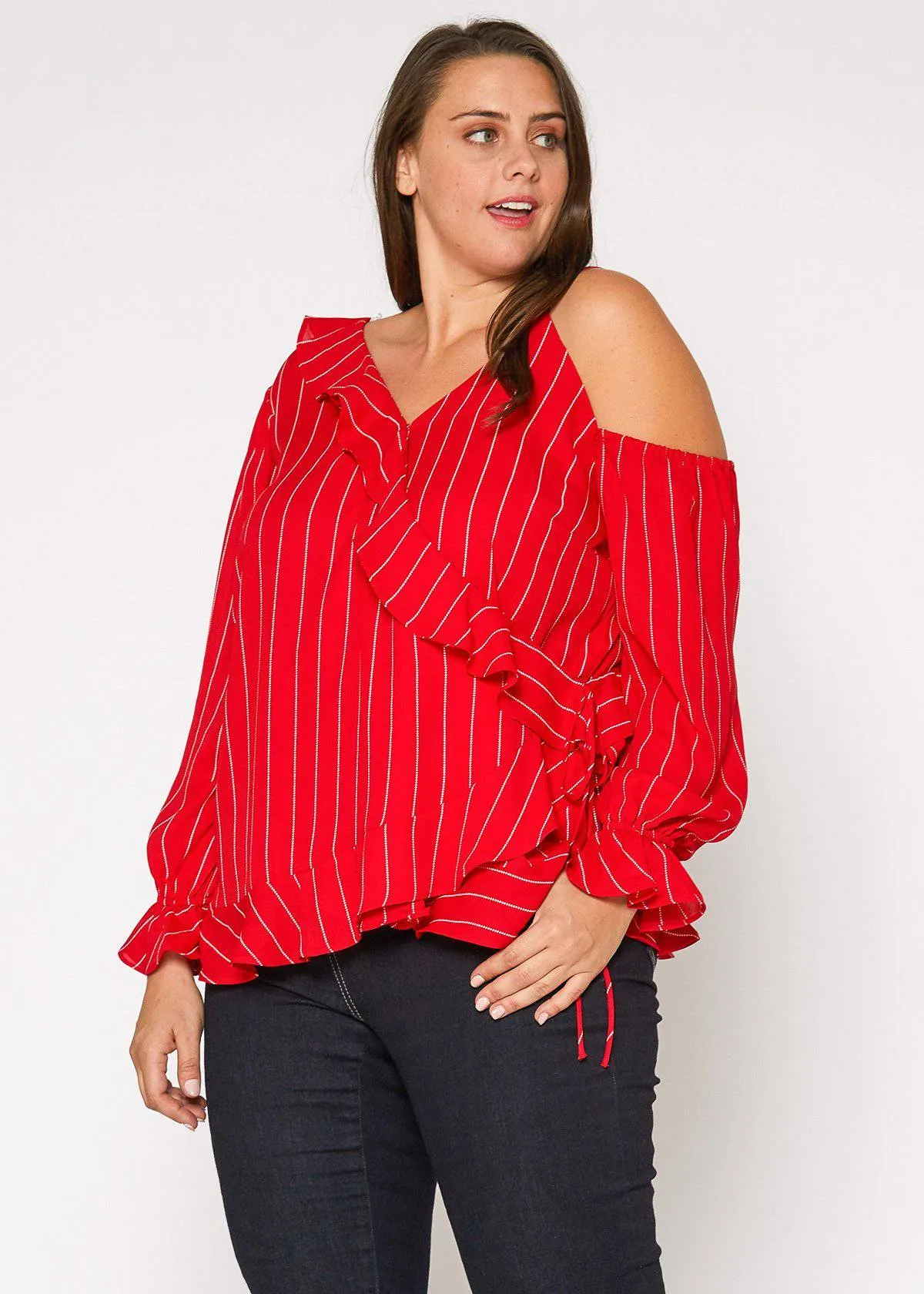 Plus Size Asymmetrical Shoulder Ruffle Blouse