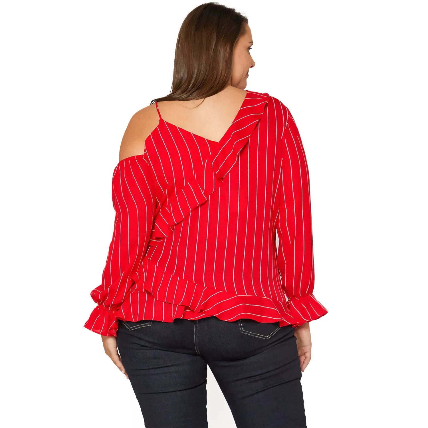 Plus Size Asymmetrical Shoulder Ruffle Blouse