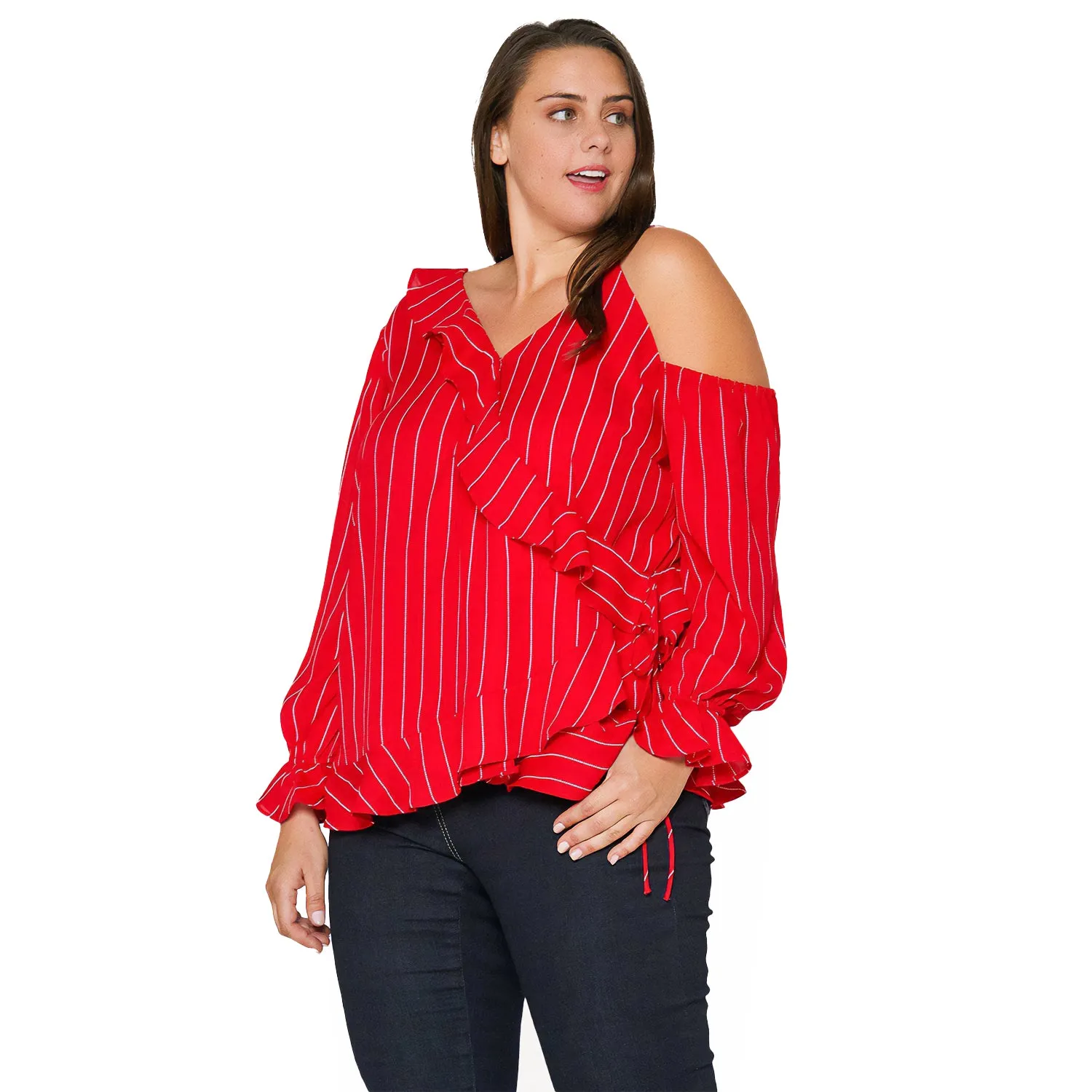 Plus Size Asymmetrical Shoulder Ruffle Blouse