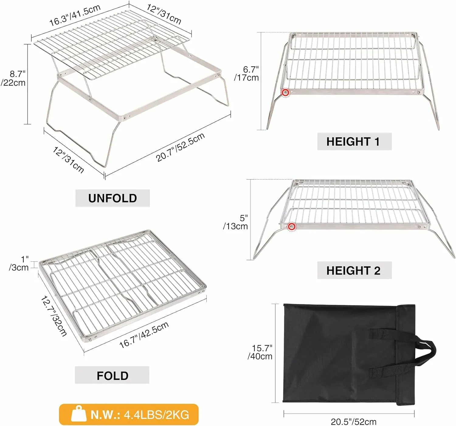 Portable Folding Campfire Grill 304 Stainless Steel Grate with Carrying Bag