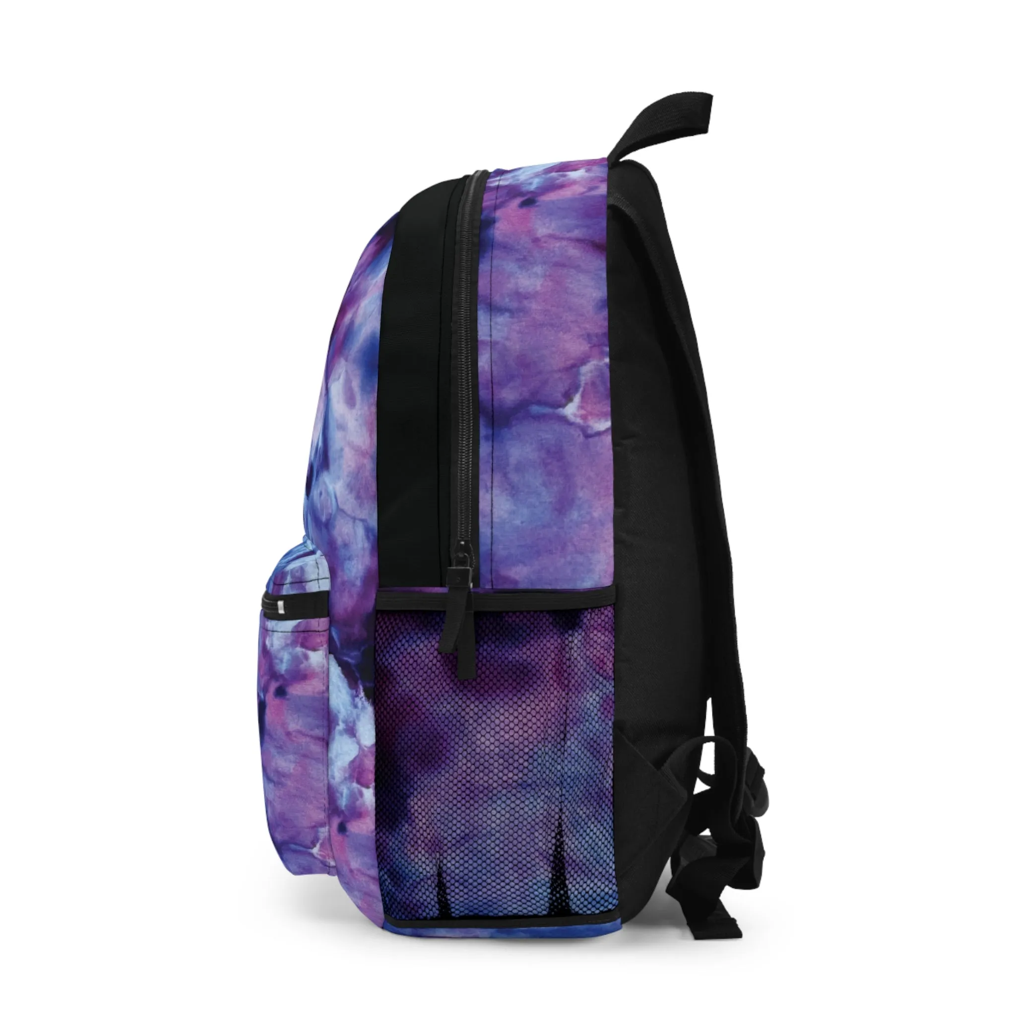 Purple Blue Sky Tie Dye Backpack, Boho Hippie Style Back to School Bag Retro Abstract Floral Back Pack