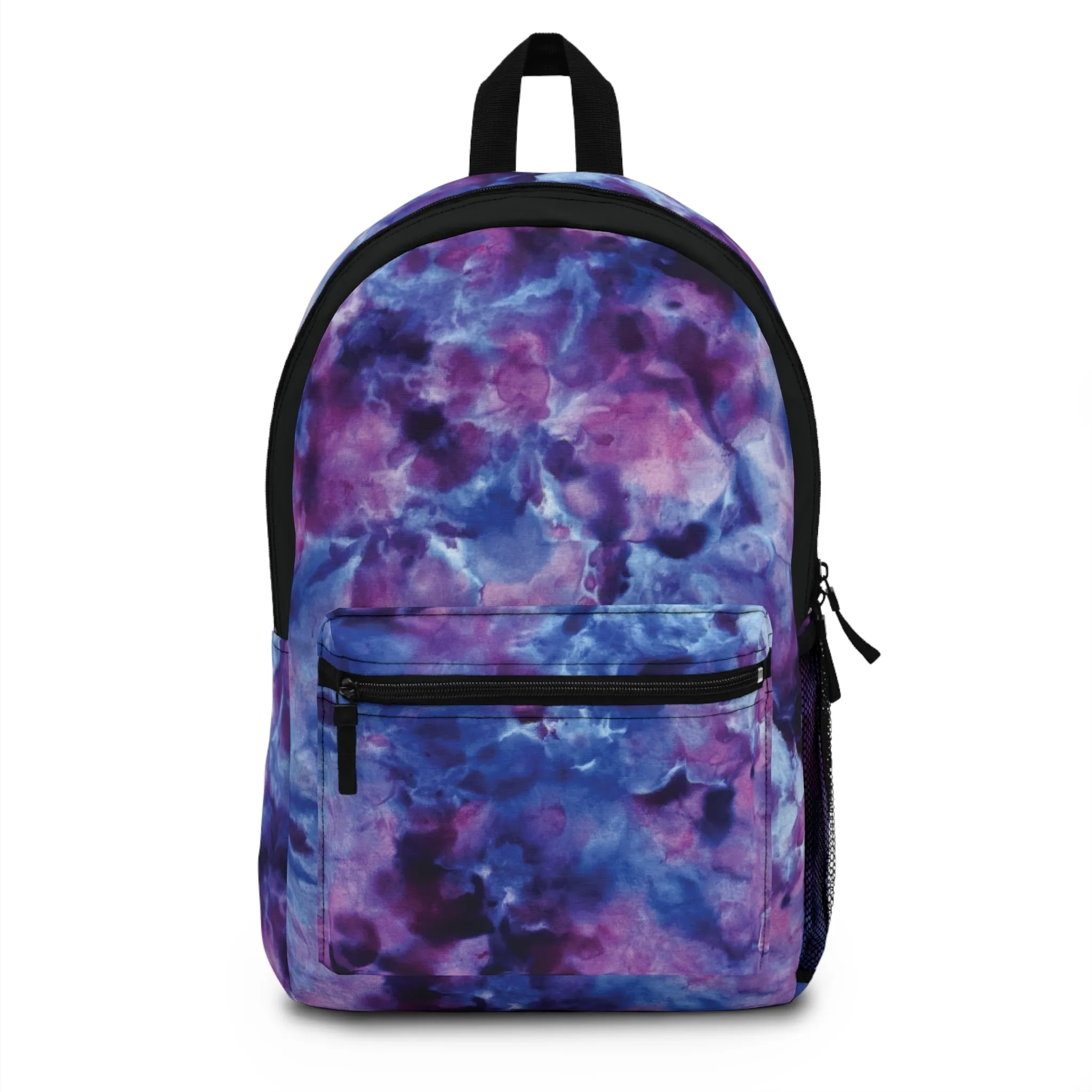 Purple Blue Sky Tie Dye Backpack, Boho Hippie Style Back to School Bag Retro Abstract Floral Back Pack