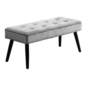 relaxed Velvet Upholstered Accent Bench, Modern Entryway Bench with Button Tufting and Solid Wood Legs, Indoor Bench for Bedroom Living Room, Light Gray