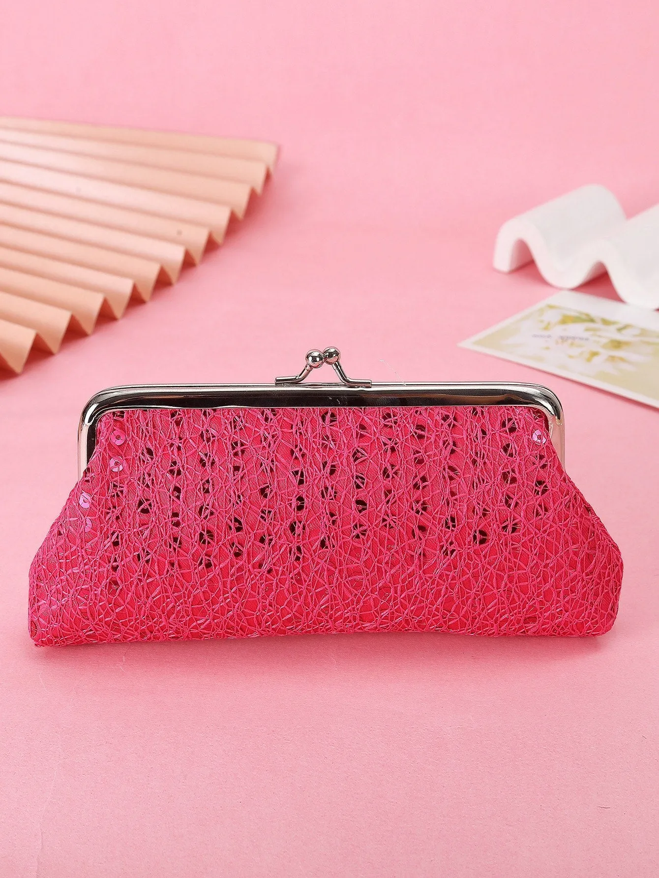 Sequins Decor Kiss Lock Clutch Bag