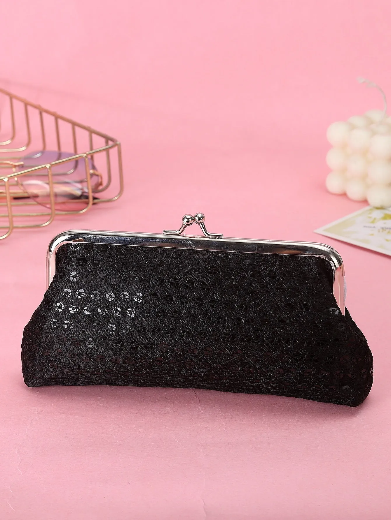 Sequins Decor Kiss Lock Clutch Bag