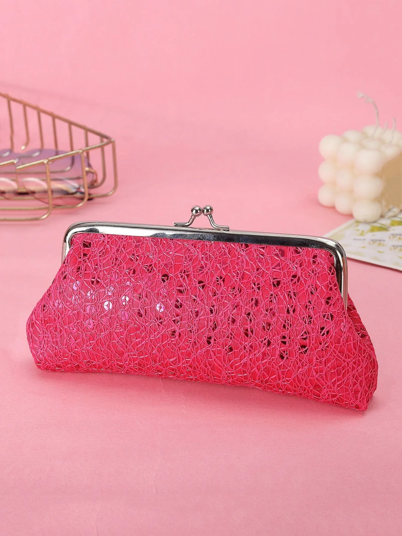 Sequins Decor Kiss Lock Clutch Bag