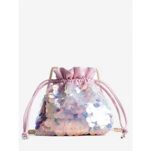 Sequins Strawstring Chain Bucket Bag - Light Pink