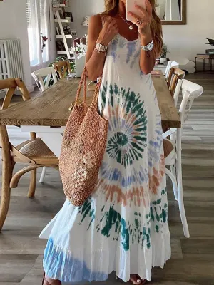 Sleeveless Tie-dye Printed  Large Hemline Maxi Dress