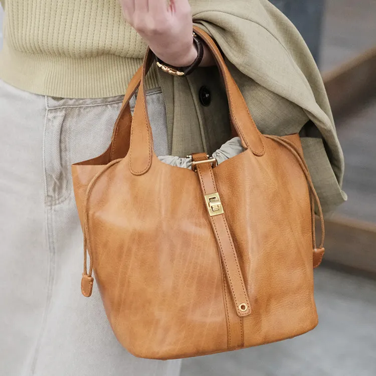 Small Ladies Brown Leather Bucket Bag Top Handle Handbag