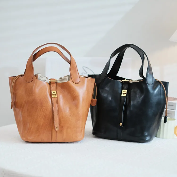 Small Ladies Brown Leather Bucket Bag Top Handle Handbag