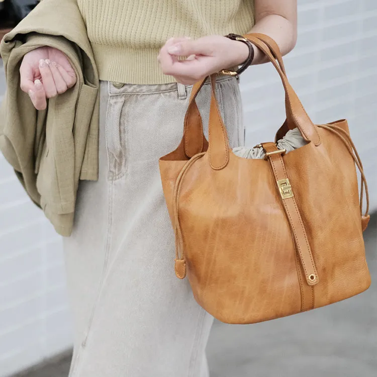 Small Ladies Brown Leather Bucket Bag Top Handle Handbag