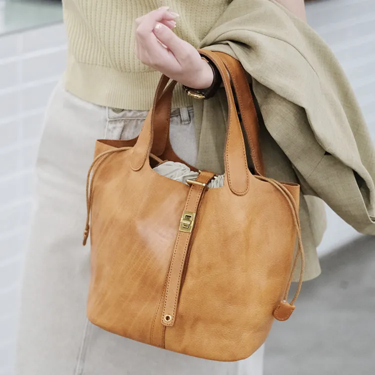 Small Ladies Brown Leather Bucket Bag Top Handle Handbag