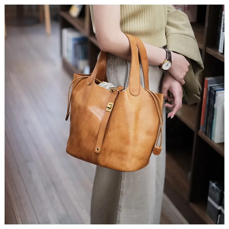 Small Ladies Brown Leather Bucket Bag Top Handle Handbag