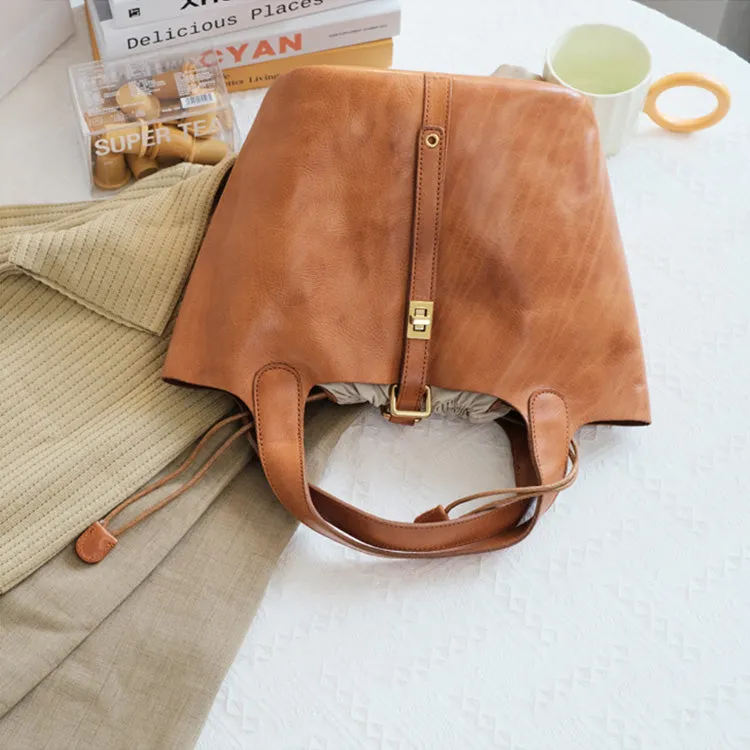 Small Ladies Brown Leather Bucket Bag Top Handle Handbag