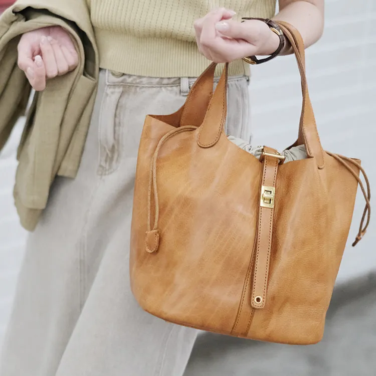 Small Ladies Brown Leather Bucket Bag Top Handle Handbag