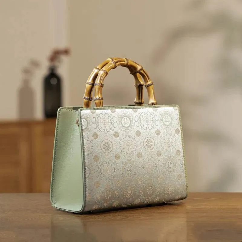 Song Brocade Retro Bamboo Handle Tote Bag Round Flower Handbag