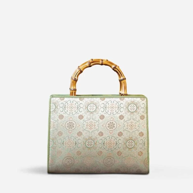 Song Brocade Retro Bamboo Handle Tote Bag Round Flower Handbag