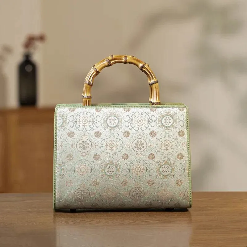 Song Brocade Retro Bamboo Handle Tote Bag Round Flower Handbag