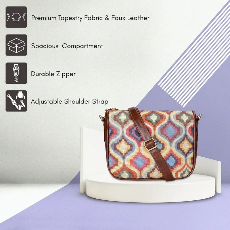 THE CLOWNFISH Garnet Series Printed Handicraft Fabric & Tapestry Crossbody Sling Bag for Women Ladies Single Shoulder Bag Shoulder Belt (White-Checks)