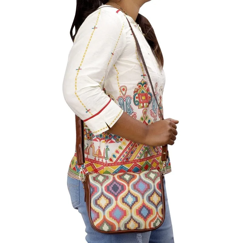 THE CLOWNFISH Garnet Series Printed Handicraft Fabric & Tapestry Crossbody Sling Bag for Women Ladies Single Shoulder Bag Shoulder Belt (White-Checks)