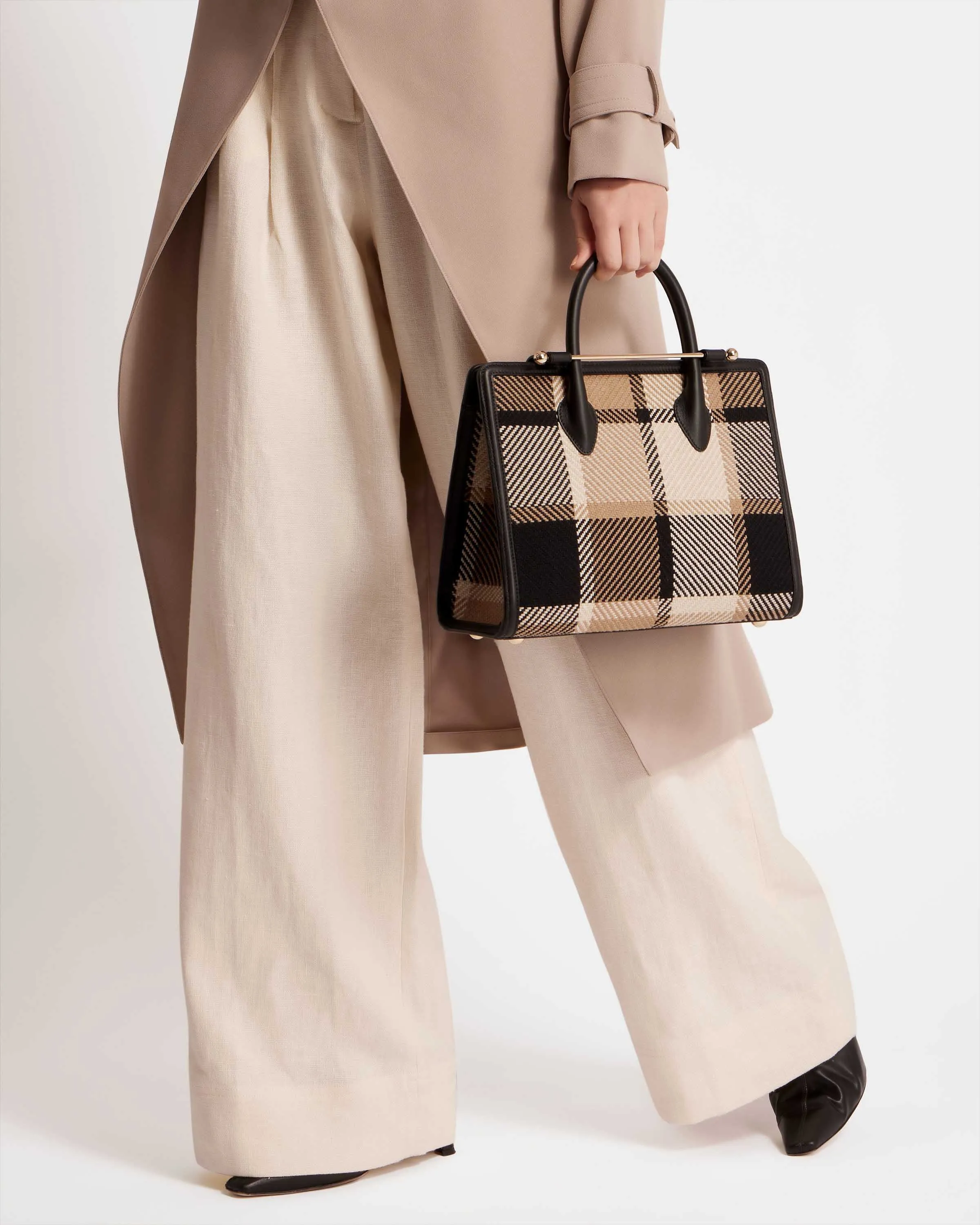 The Strathberry Midi Tote - Black/Camel Tartan