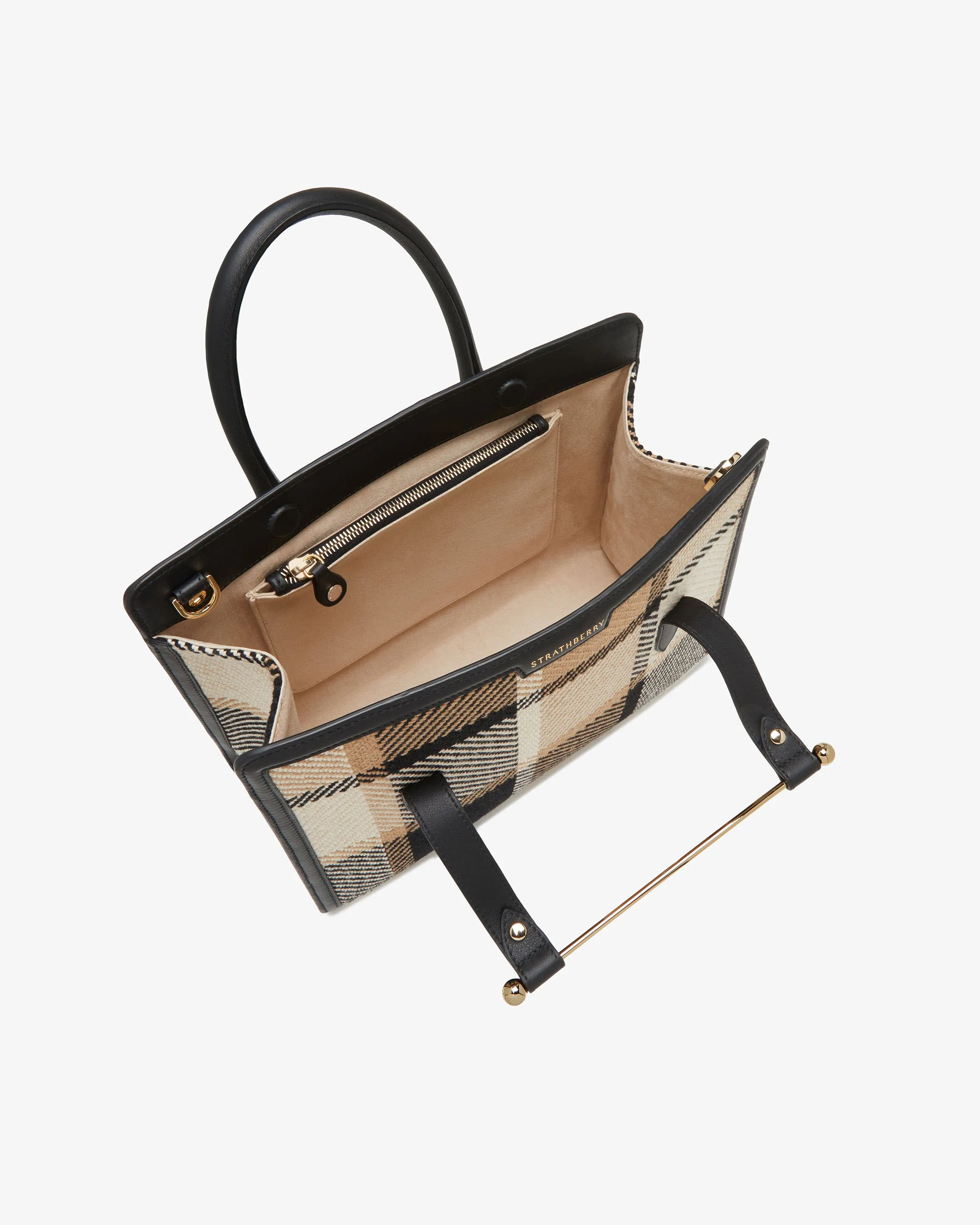 The Strathberry Midi Tote - Black/Camel Tartan