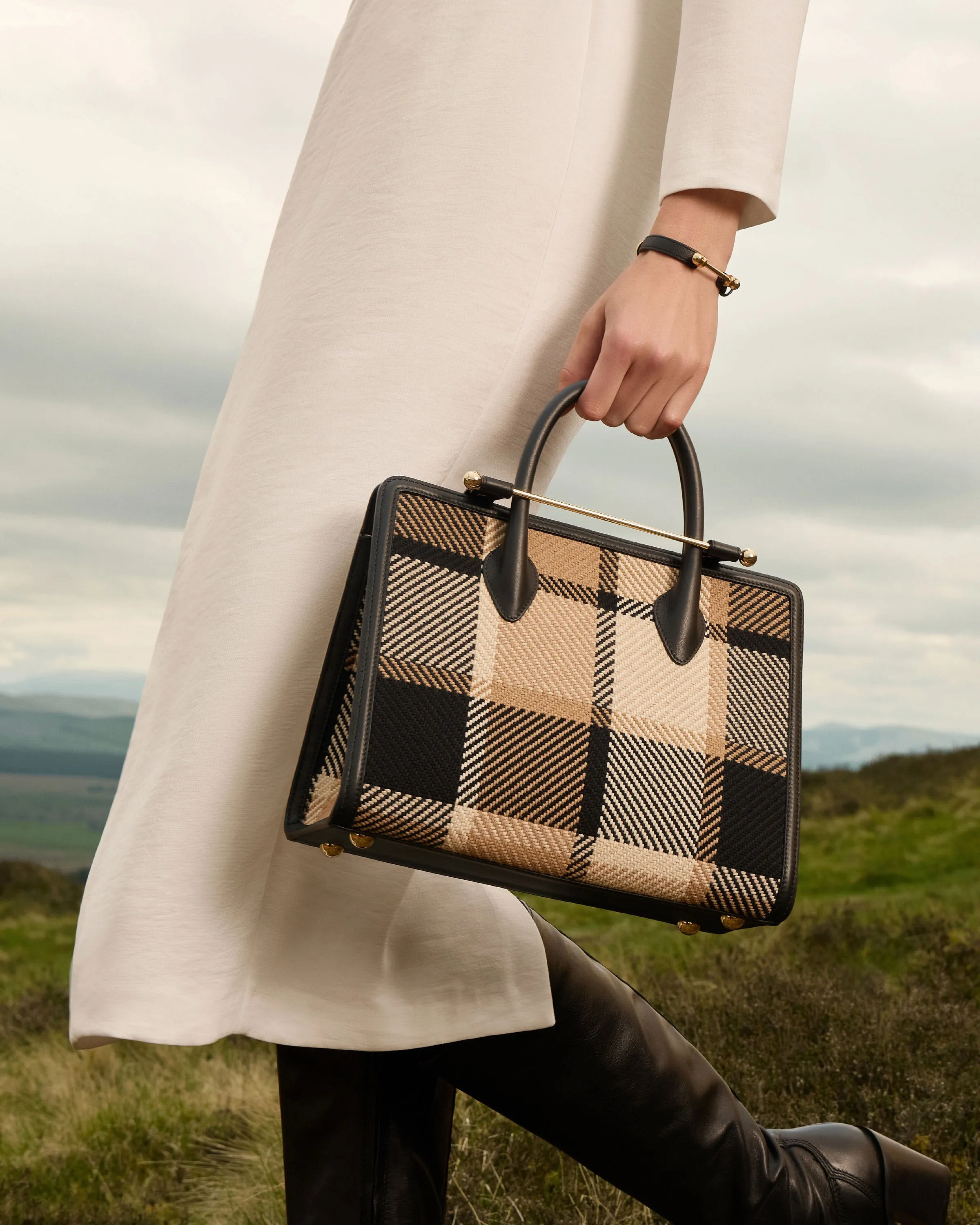 The Strathberry Midi Tote - Black/Camel Tartan