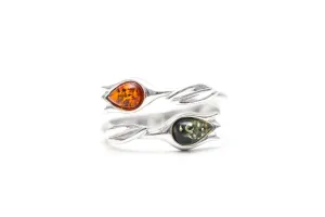 Two Tone Amber Tulip Ring - Delicate Floral Design in Sterling Silver