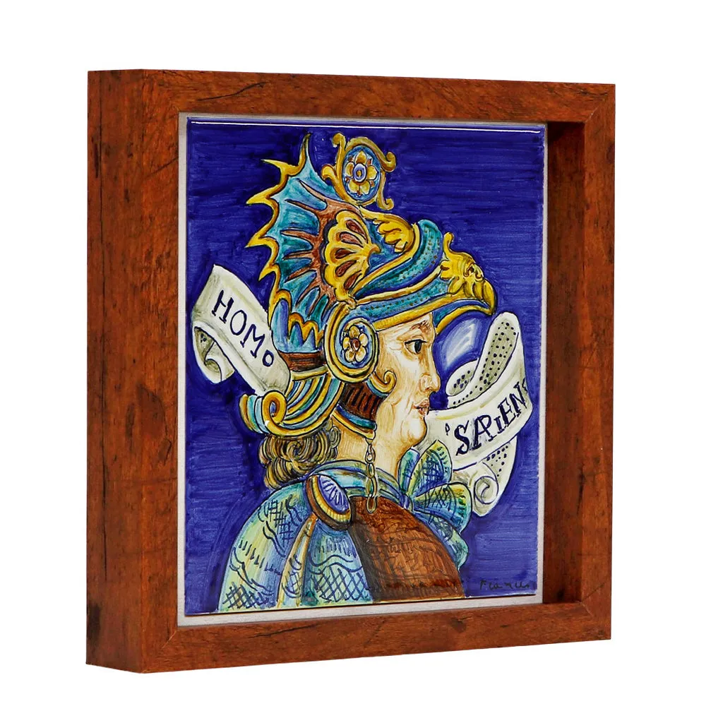 WALL ART: Hand Painted Deruta Tile framed on a Shadow Box (Homo Sapiens)