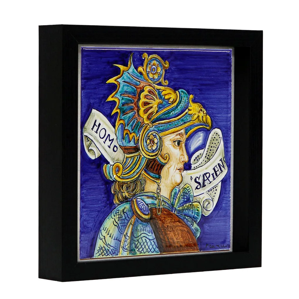 WALL ART: Hand Painted Deruta Tile framed on a Shadow Box (Homo Sapiens)